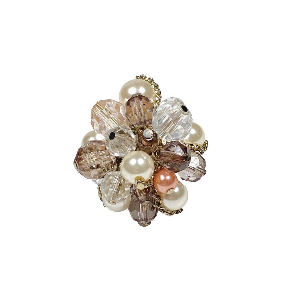 Bead Cluster Ring 5 Gold Tone Chunky Statement Faux Pearl Chain Unique Jewelry
